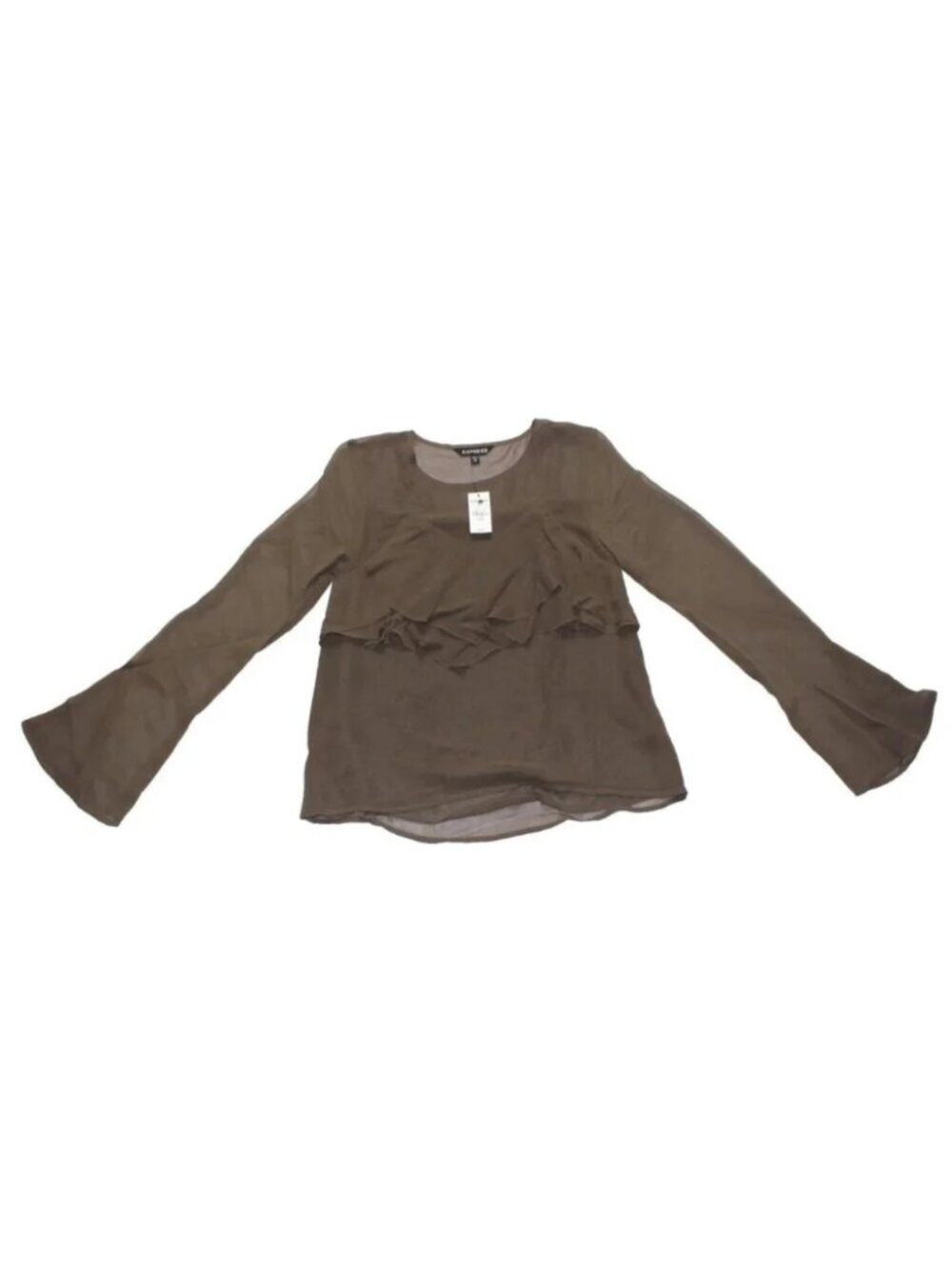 Express Womens Round Neck Flounce Blouse Olive Green Sheer Long Bell Sleeve Top